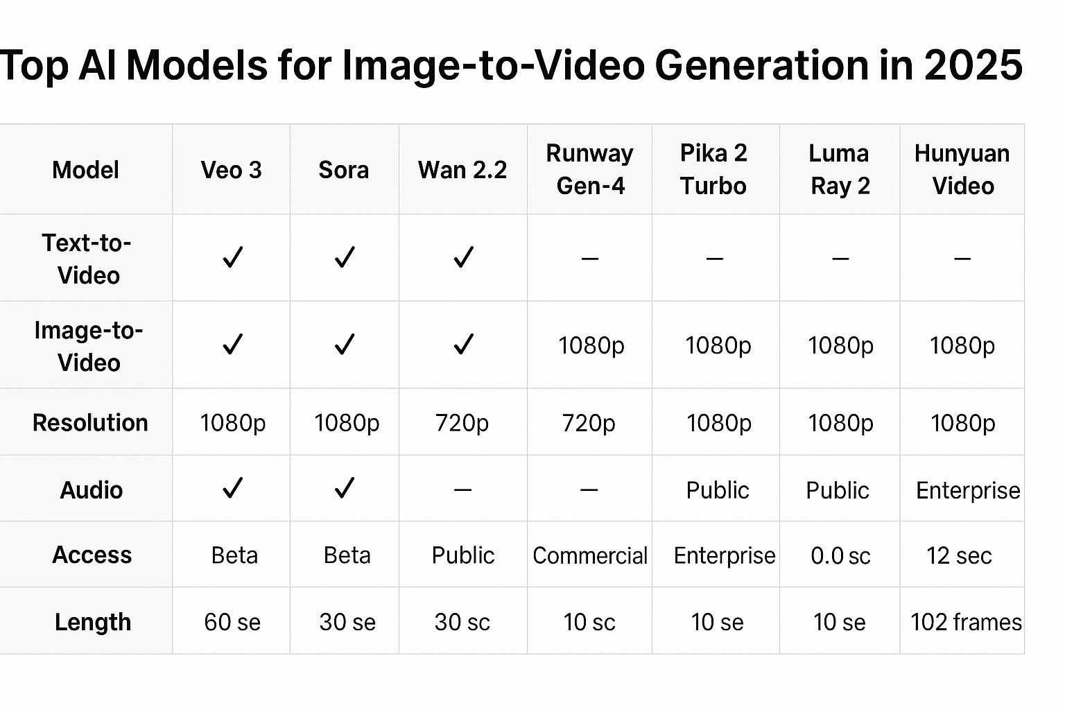 Comparison of top AI models for image to video generation in 2025