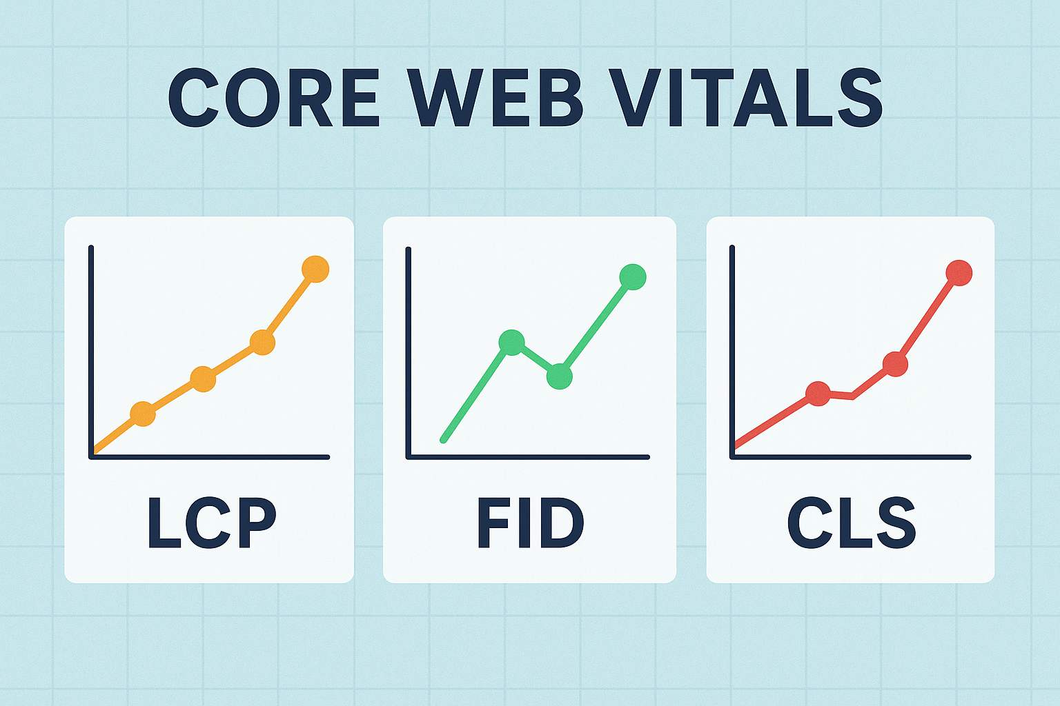 Detailed visualization of Core Web Vitals metrics showing LCP loading performance, FID interactivity measurement, and CLS visual stability graphs with threshold indicators