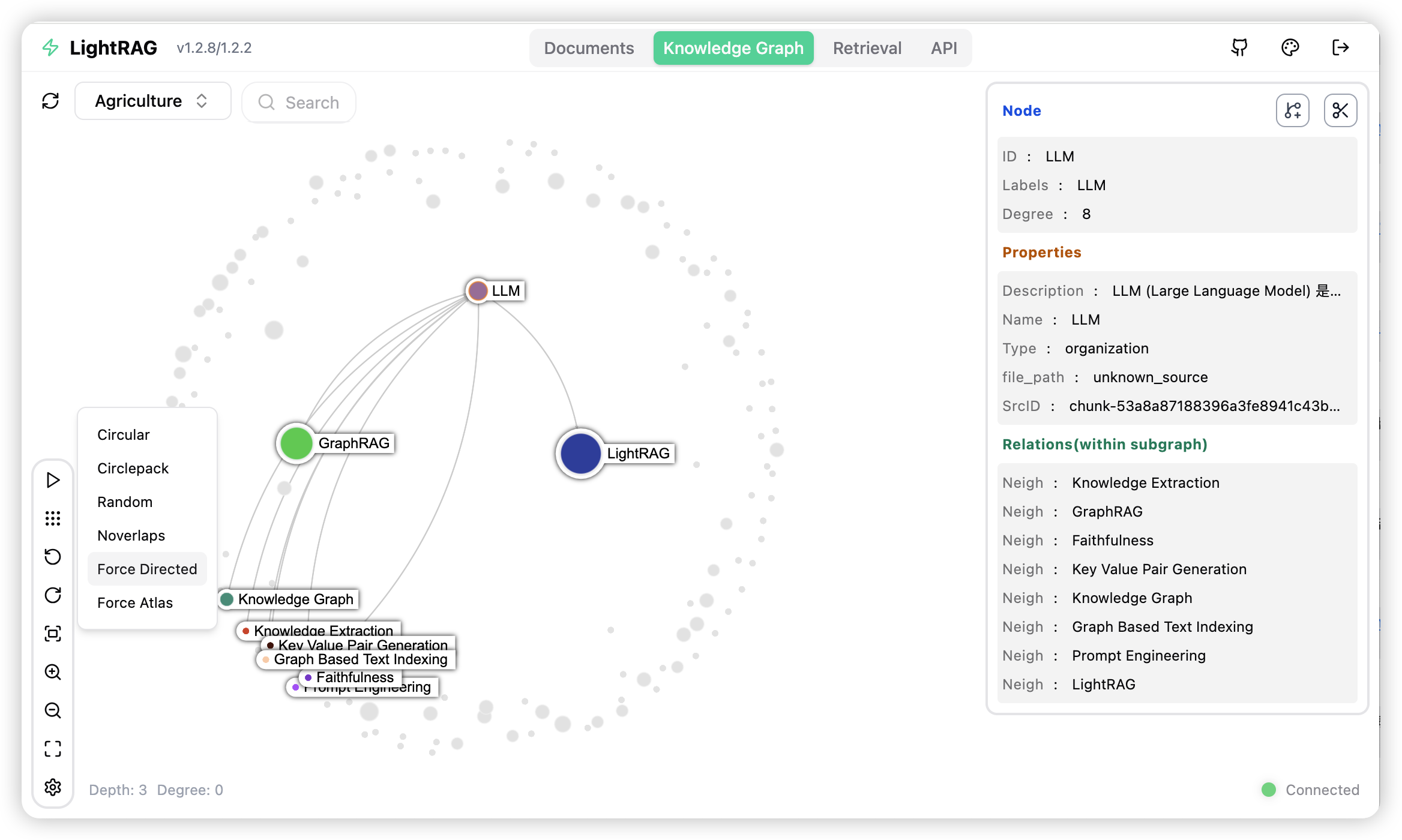 LightRAG Server Architecture diagram illustrating the deployment configuration with API endpoints, graph database, vector store, and language model integration