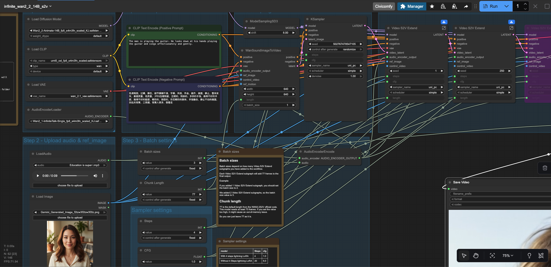 Complete ComfyUI workflow for WAN 2.2 Animate with Infinite Talk WAN 2.2 Animate with Infinite Talk ComfyUI workflow setup showing node connections for character animation and lip-sync generation