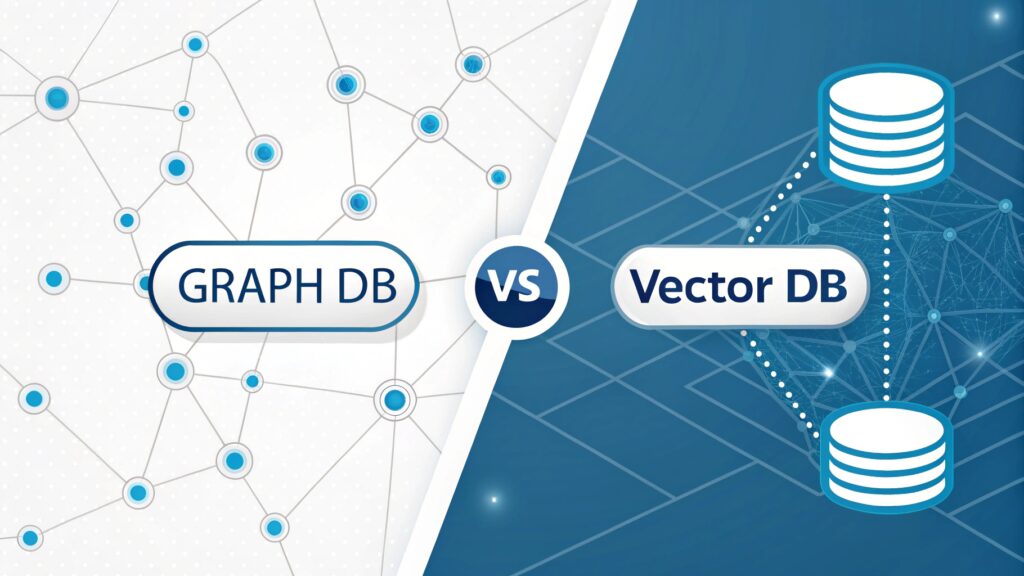 Graph Database vs Vector Database explained β comparison visual with connected nodes, data network, and glowing AI data lines representing graph and vector structures side by side.