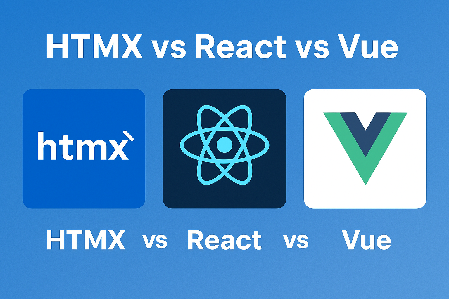 HTMX vs React vs Vue comparison thumbnail showing three modern frontend frameworks for web development with code examples and performance metrics