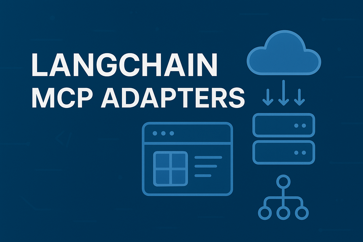 Digital illustration showing 'LangChain MCP Adapters' with icons of browser window, cloud, and server stack connected by arrows on a dark blue tech background