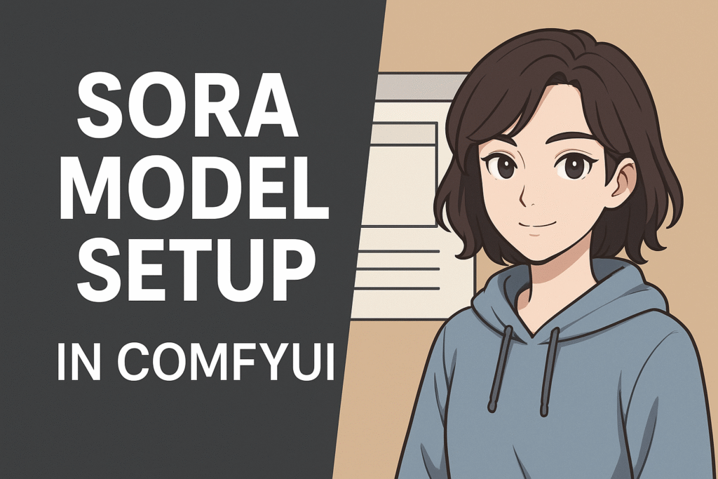 Thumbnail showing SORA model setup in ComfyUI with bold title text on the left and an anime-style character standing beside a UI screen.