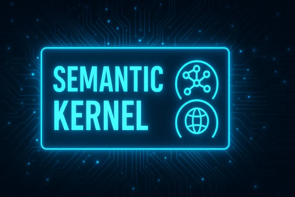 Neon blue thumbnail for Semantic Kernel featuring glowing text and interconnected neural network icons on a futuristic circuit-board background.