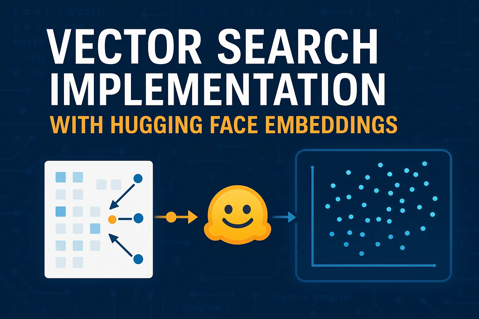 Thumbnail for 'Vector Search Implementation with HuggingFace Embeddings' showing a data matrix, Hugging Face logo, and scatter plot representing embeddings on a deep blue background.