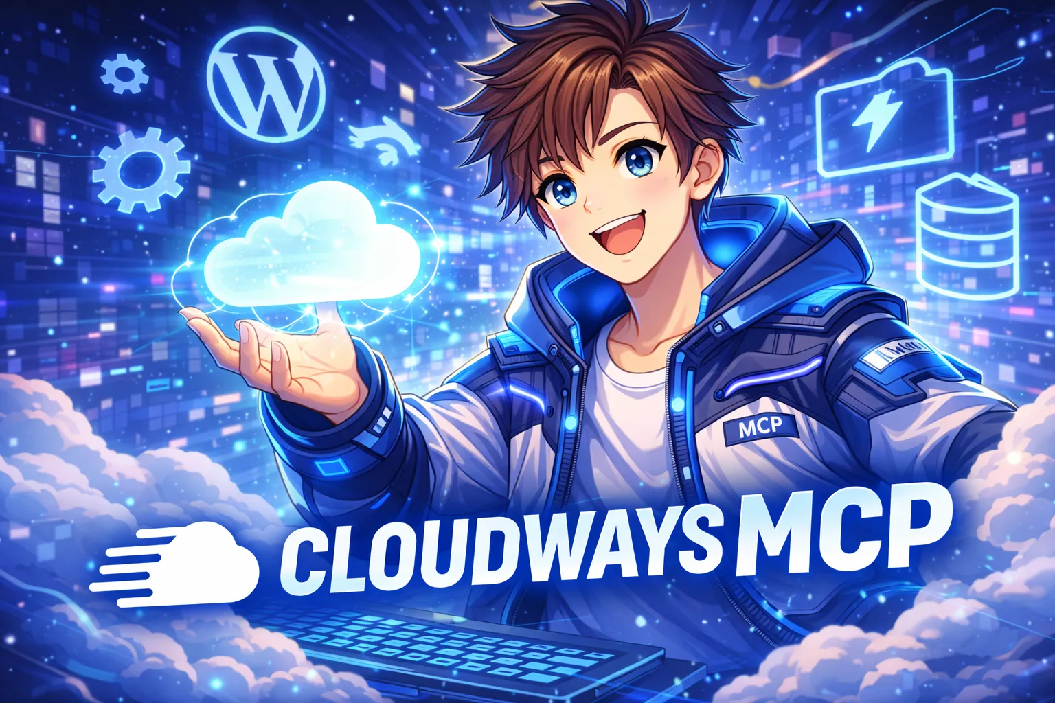 Anime-style thumbnail for Cloudways MCP showing an enthusiastic MCP developer holding a glowing cloud icon, surrounded by cloud infrastructure and MCP technology symbols.