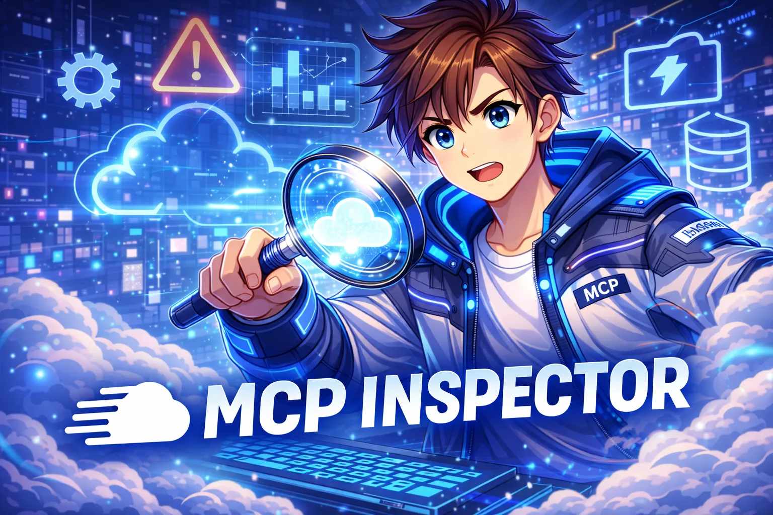 Anime-style thumbnail for MCP Inspector showing an MCP engineer inspecting cloud infrastructure with a glowing magnifying glass and monitoring icons