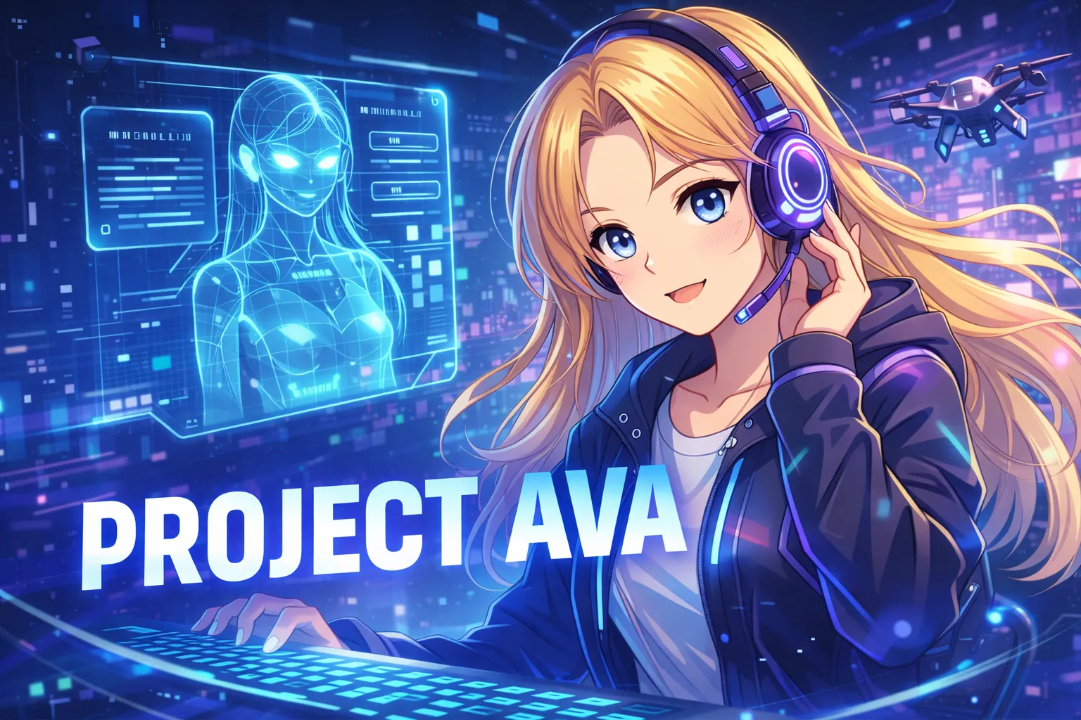 Anime-style thumbnail for Project AVA featuring a futuristic AI assistant with headset, holographic interface, and glowing digital city background.